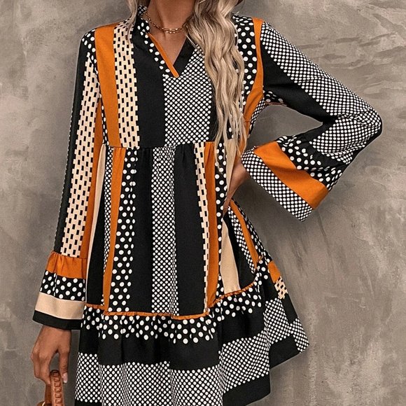 Orange Preppy Womens Striped & Polka Dot Flounce Sleeve Ruffle Hem Smock Dress - Picture 4 of 5